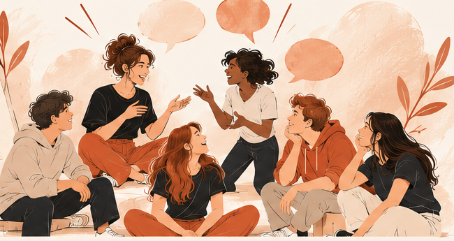 Des jeunes assis ensemble, qui discutent avec des bulles de parole au-dessus d’eux