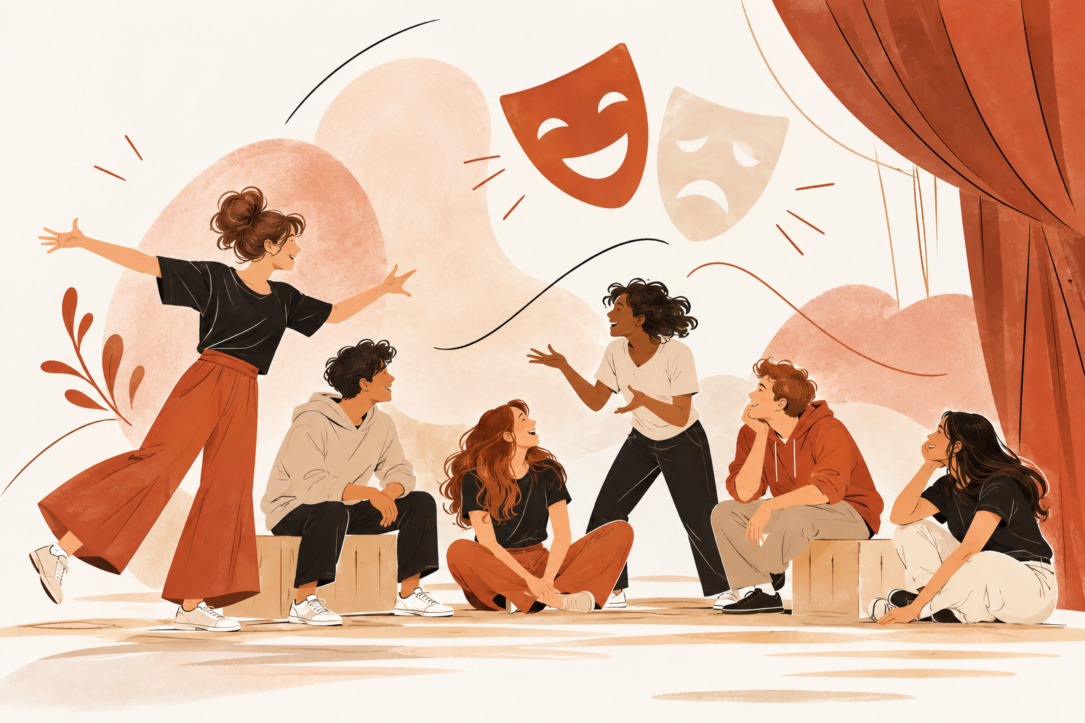 Illustration originale d’un atelier de théâtre où un groupe échange, improvise et crée ensemble